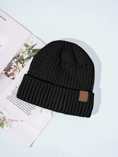 Men Label Decor Fleece Lined Beanie