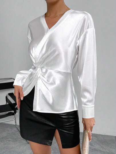 SHEIN Unity Блуза с драпировкой со спущенным плечом с асимметричным подолом из атласа
