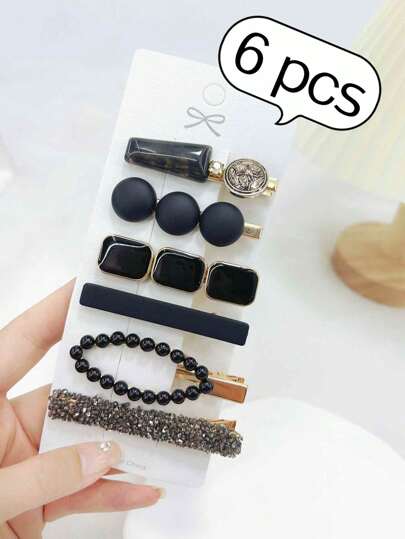 6pcs Women's Cute & Stylish Hair Clips Featuring Black Dots & Squares, Suitable For Daily Wear