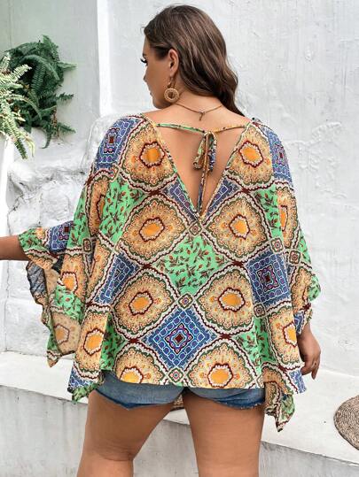 SHEIN VCAY размера плюс Блуза с принтом шарфа с рукавами "летучая мышь"