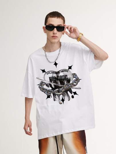 Men Heart & Letter Graphic Drop Shoulder Tee