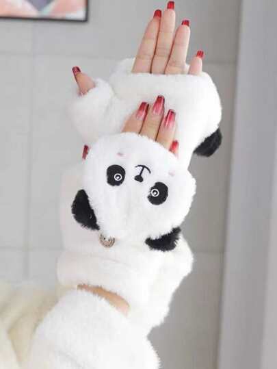 Panda Embroidery Fluffy Gloves