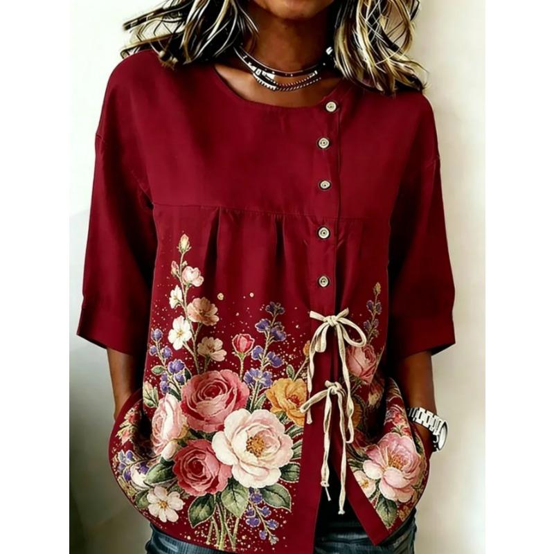 Женская принтованная блузка с коротким рукавом на шнуровке, модная и универсальная, удобная и приятная к телу, можно стирать в машине.