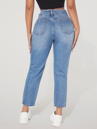 SHEIN PETITE Рваные джинсы-мом с высокой талией