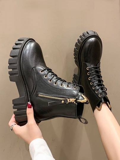 British Style Motorcycle Boots With Side Zipper, Thick Bottom & Inner Heightening Design For Slim Figure