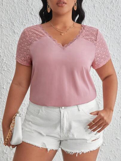 SHEIN Frenchy размера плюс Блуза с кружевной отделкой с пуговицами сзади