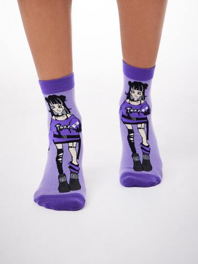ROMWE X Cherry Figure Graphic Crew Socks