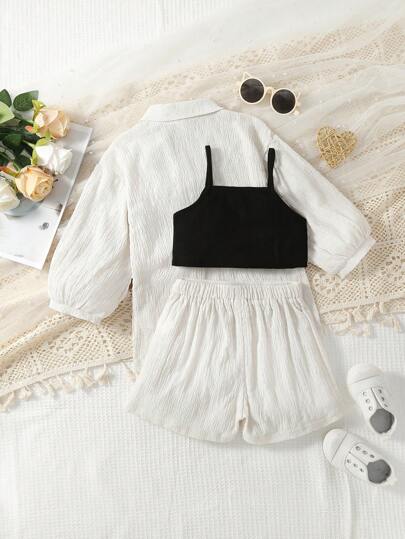 SHEIN Kids CHARMNG для маленьких девочек однотонный Майка & шорты & с рукавами-фонариками Блуза