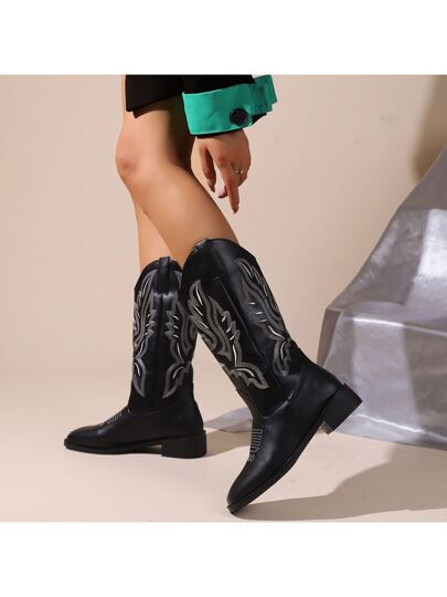 Women's Black Fashionable Chunky Heel Square Toe Western Cowboy Boots, Embroidered Knight Boots, Mid-calf Retro Tube, Motorcycle Boots, Chelsea Boots, Autumn New V-mouth Pull-on Knee-high Boots