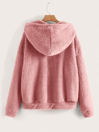 SHEIN LUNE Куртка тедди на молнии со спущенным плечом на кулиске с капюшоном