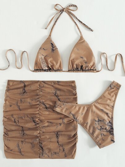 3pack Marble Print Micro Triangle Bikini Swimsuit & Beach Skirt