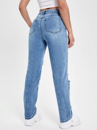 SHEIN BLUES Джинсы с прямыми штанинами с высокой талией рваный
