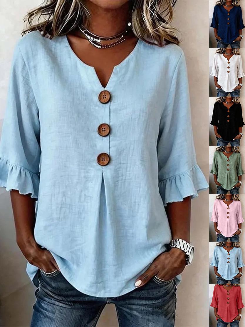 2026 В наличии Новая летняя женская блузка с V-образным вырезом, на пуговицах, из хлопково-льняной ткани, в европейском и американском стиле