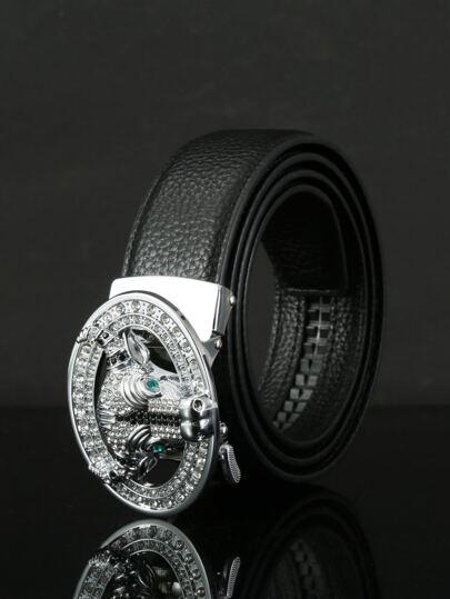 Men Litchi Embossed Rhinestone Decor Automatic Buckle Belt