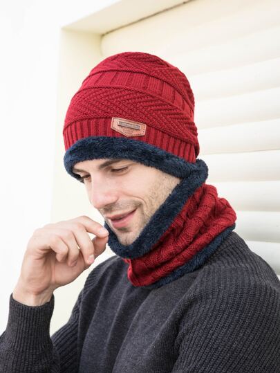 Men Letter Patched Fleece Lined Beanie & Infinity Scarf