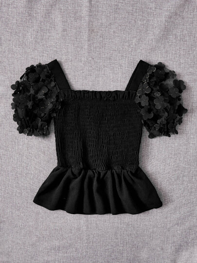 SHEIN для девочек Блуза с баской с аппликацией контрастный сетчатый с пышным рукавом