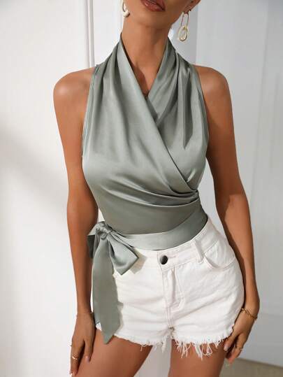 SHEIN BAE Блуза однотонный с запахом с узлом