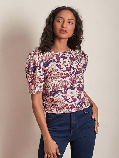 SHEIN Frenchy Блуза с принтом с открытой спиной и узлом с пышным рукавом