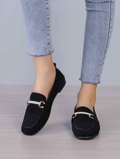 Faux Pearl & Rhinestone Decor Square Toe Faux Suede Flat Loafers