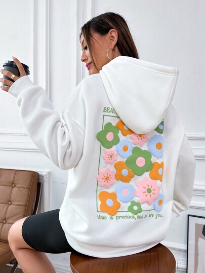 SHEIN Qutie Худи с цветочным и текстовым принтом со спущенным плечом оверсайз