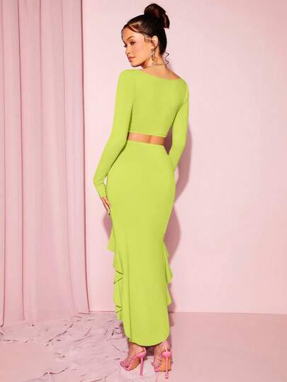 SHEIN BAE с квадратным воротником Кроп-топ & со сборками с оборкой с асимметричным подолом Юбка