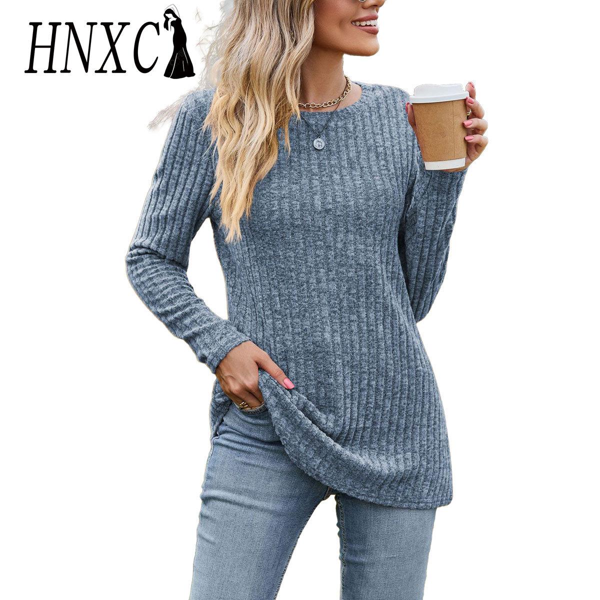 HNXC женские модные повседневные осенне-зимние однотонные блузки и рубашки с круглым вырезом и длинными рукавами с принтом