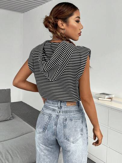 SHEIN EZwear Свитшот в полоску на кулиске с капюшоном с подплечниками