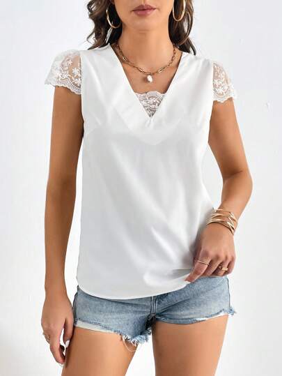 SHEIN Tall Блуза с кружевной отделкой с открытой спиной и узлом