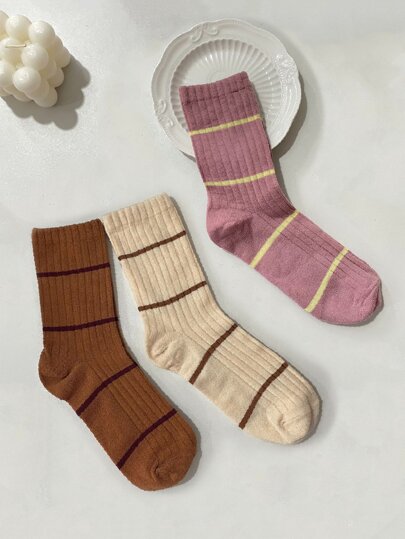 3pairs Striped Pattern Crew Socks