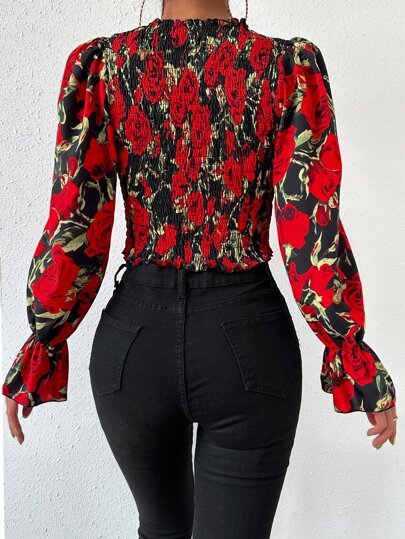 SHEIN Короткая блуза с цветочным принтом с рукавами-воланами