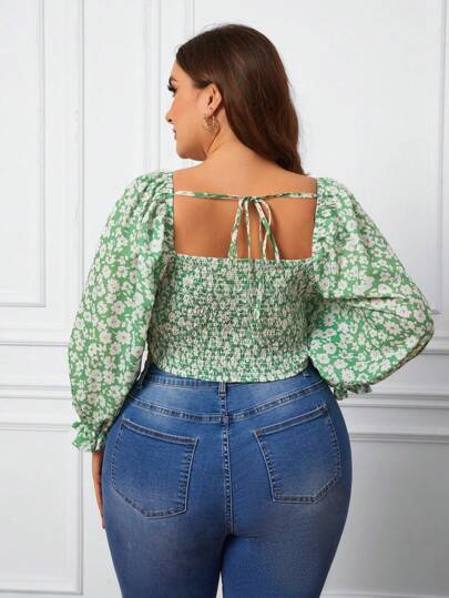 SHEIN VCAY размера плюс Короткая блуза с цветочным принтом с рукавами-воланами