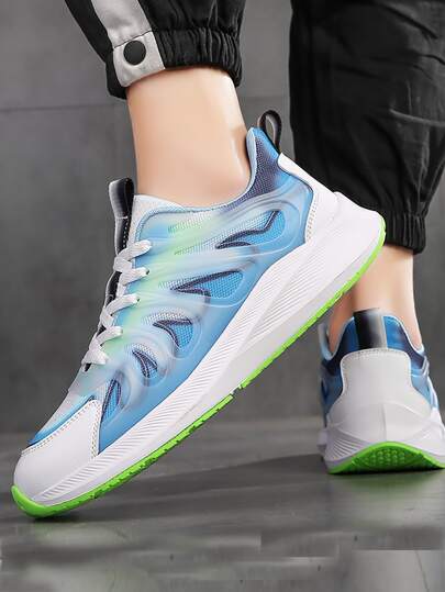 Sporty Running Shoes For Men, Colorblock Fire Pattern Stitch Detail Lace Up Sneakers