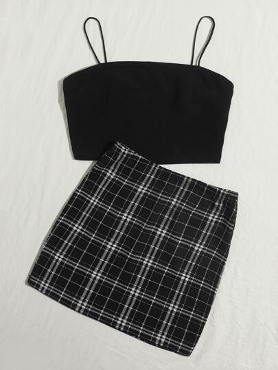 Кроп майка и юбка в клетку