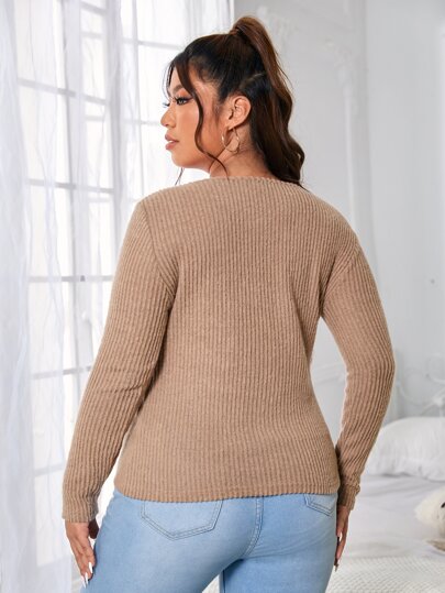 SHEIN размера плюс Футболка на шнурках вязаный в рубчик