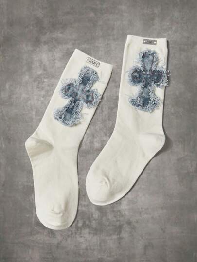 ROMWE 1pair Women Denim Cross Patched Crew Socks