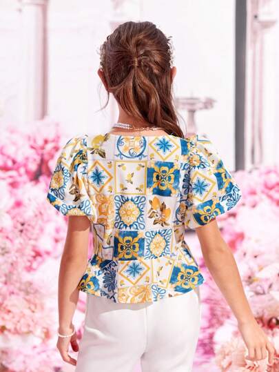 SHEIN для девочек Блуза с принтом пэчворк с пышным рукавом