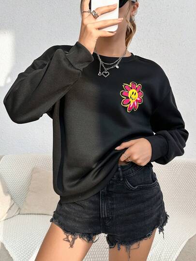 SHEIN EZwear Свитшот с текстовым и мультипликационным принтом со спущенным плечом