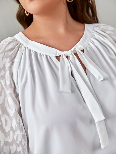 SHEIN Frenchy размера плюс Блуза контрастный сетчатый с рукавами-фонариками с воротником-бантом