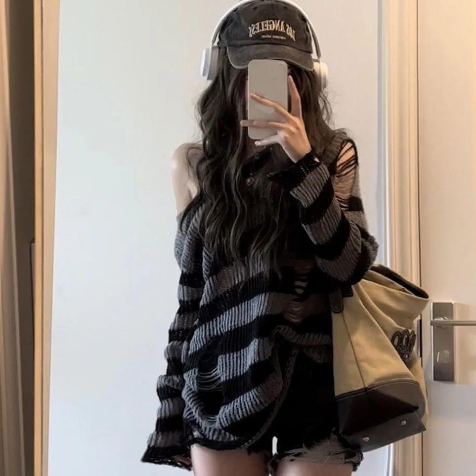Готический уличный полосатый вязаный свитер женский Harajuku панк ажурный джемпер свободные универсальные топы
