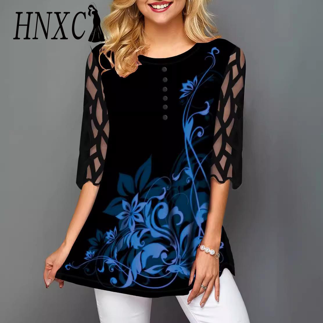 HNXC Женская мода повседневные летние блузки и рубашки с рукавом 2/1 и круглым вырезом