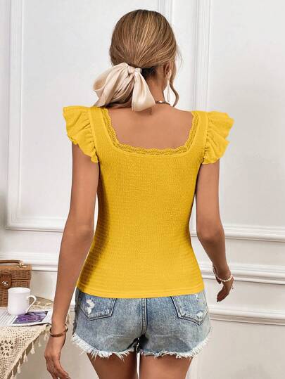 SHEIN Unity Футболка с кружевной отделкой с квадратным воротником
