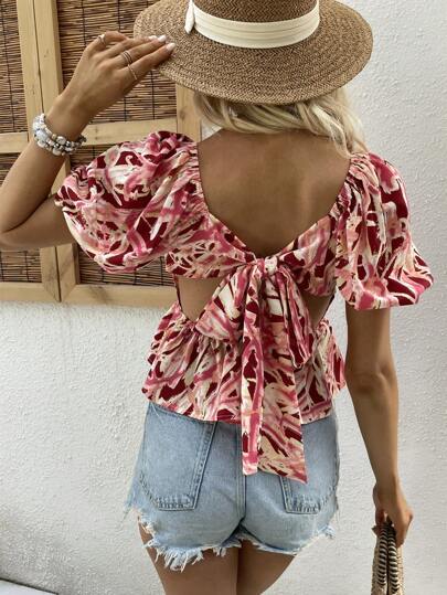 SHEIN VCAY Блуза с баской с принтом с пышным рукавом