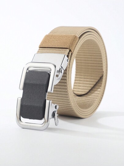 1pc Unisex Beige Nylon Belt With Automatic Buckle, Outdoor & Casual Style, Adjustable & Suitable For Daily Use