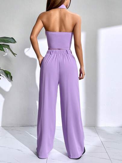 SHEIN EZwear однотонный на пуговицах Жилет-пиджак & Брюки с широкими штанинами
