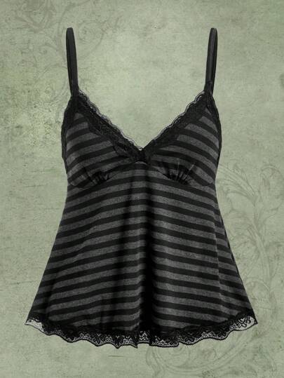 ROMWE RW-Fairycore  Striped Contrast Lace Cami Top