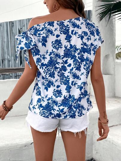 SHEIN VCAY Блуза с цветочным принтом с асимметричным воротником с узлом