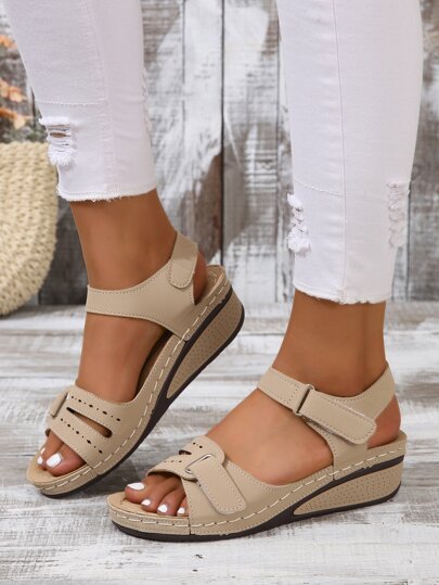 Fashion Beige Sandals For Women, Hollow Out Ankle Strap Wedge Sandals