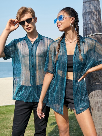 SHEIN UNISEX-F 1pc Button Front Mesh Shirt
