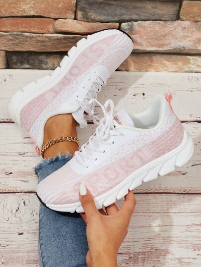 Women Letter Detail Color Block Running Shoes, Fabric Lace-up Front Sneakers