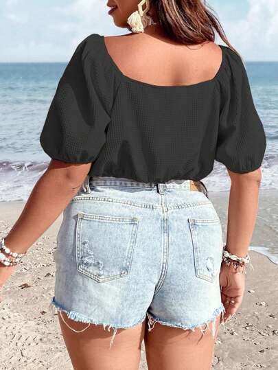 SHEIN EZwear размера плюс Короткая блуза с пышным рукавом с бахромой с квадратным воротником